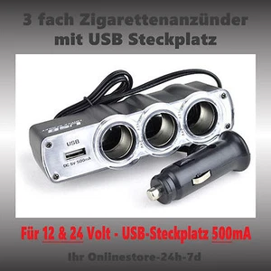 Accendisigari 3 posizioni 12V 24V Sdoppiatore USB 500mA Adattatore 12 Volt Presa - Foto 1 di 3