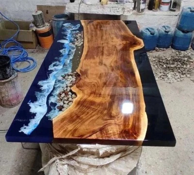 Ocean Wave Epoxy Resin Countertop Dining Table Acacia Wood Handmade Art Decors - Image 1 of 4