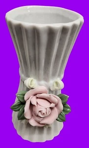 Ceramic Fluted Vase With Pink Rose & Green Leaves Accent - Picture 1 of 11