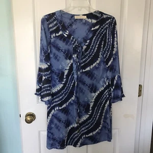 Sofia by VIX Womens SP Tunic Boho Blue White Tie Dye V Neck Lace Up Tie Strand - Picture 1 of 11