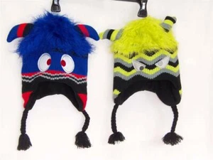 Geile Monster MÜTZE Lappländer MÜTZE blau, wellige Streifen mit Zöpfen Jungen 4-7 Fleece Neu mit Etikett - Bild 1 von 3