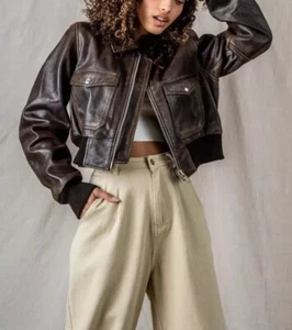 Women's Cropped Distressed Bomber Vintage Retro Biker Jacket Real Leather Jacket - Picture 1 of 6