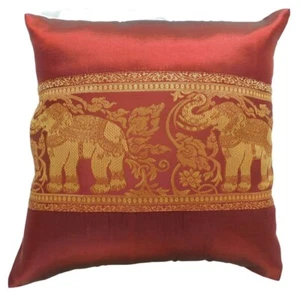 Exquisite Handmade Thai Silk Wine Red Pillow Cover with Elegant Elephant Motif - Picture 1 of 1