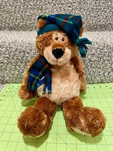 GUND Teddy B. Caring 16" Brown Bear Plush With Green Red Plaid Scarf Hat - Picture 1 of 8