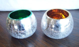 2 Silber Crackle Glas 3" Runde Votivkerzenhalter Grün Gelb Neu Siehe Bilder - Bild 1 von 5