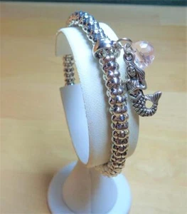 STRANDMODE SILBER RHODIUM MEERJUNGFRAU & ROSA KUGEL MEER LEBEN STRETCH ARMBAND - Bild 1 von 7
