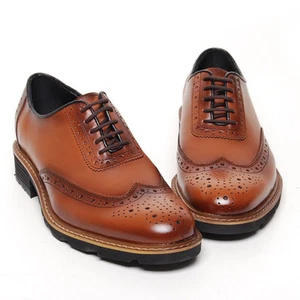 Para hombre Cuero Marrón Cierre Cordones Puntera Redonda Punta Ala Brogue Oxford Zapatos - Imagen 1 de 3