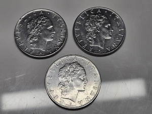 Three Coin Lot: ITALY Coin L.50 Lire Roman god of fire Vulcan (naked at anvil) - Picture 1 of 3