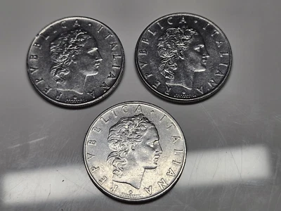 Three Coin Lot: ITALY Coin L.50 Lire Roman god of fire Vulcan (naked at anvil) - Image 1 of 3