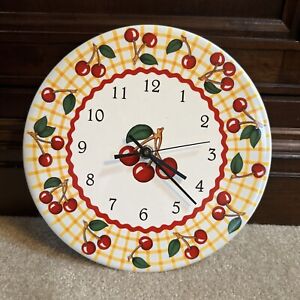 Mary Engelbreit RED CHERRIES Clock Ceramic Round Vintage Circa 2000 NOT WORKING