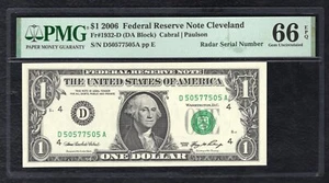 FR 1932-D 2006 $1 FEDERAL RESERVE NOTE “RADAR S/N D50577505A” PMG GEM UNC-66EPQ - Picture 1 of 2