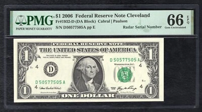 FR 1932-D 2006 $1 FEDERAL RESERVE NOTE “RADAR S/N D50577505A” PMG GEM UNC-66EPQ - Image 1 of 2