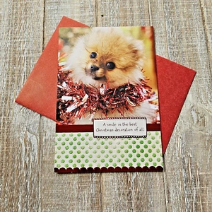 Christmas Greeting Card Pom Dog Puppy Green Polka Dots Glitter Hallmark - Picture 1 of 7