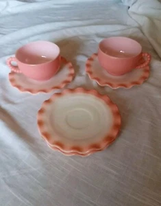 Hazel Atlas Pink Ruffle Crinoline Cup And Saucer Set 4 Saucers 2 Cups... - Picture 1 of 4