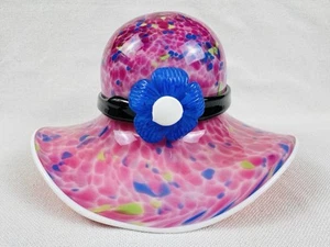 Vintage Murano Style Blown Art Glass Hat Candy Bowl Pink Purple Green Blue Band - Picture 1 of 8
