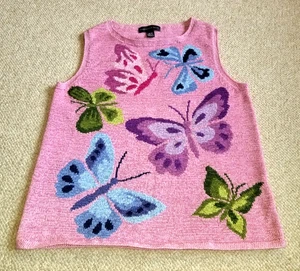 VINTAGE Y2K Damen Pullover-NORTHERN ISLES-rosa/blau/grün Schmetterling po slvless-M - Bild 1 von 6