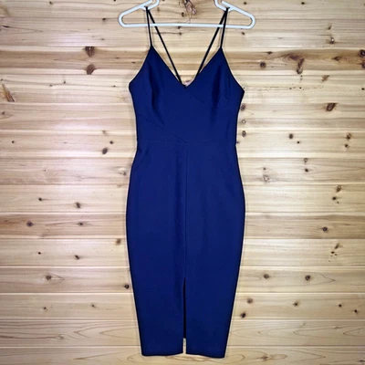 Vestido Likely para mujer 4 azul marino Brooklyn cuello en V abertura frontal midi correa de espagueti Foto 1 de 4