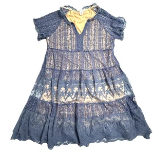 Sundance Dress XL Sweep Of Lace A-Line Boho Sheer Overlay Cottage Midi Blue FLAW - Picture 1 of 10