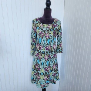 Madison Womens Brown Teal Floral Pima Cotton Stretch Dress 3/4 Sleeve Pleated S - Picture 1 of 11