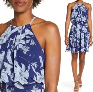 NWT Eliza J Floral Chiffon Halter Cocktail Dress Women’s Sz 4 Blue Sleeveless - Picture 1 of 12