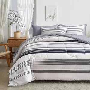 3 Pcs Gray Striped Boho Comforter Set Full/Queen Size, Grey and Black Stripes on - Picture 1 of 12