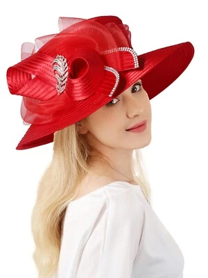 Sombrero de iglesia de tela satinada roja sombrero de copa fascinador sombrero formal para mujeres damas Foto 1 de 4