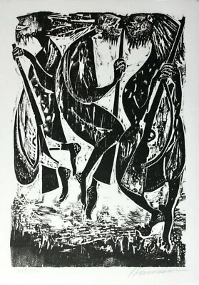 Karl-Heinz Hansen Bahia (1915-1978) signierter Holzschnitt Tanzende Gallakrieger - Bild 1 von 4