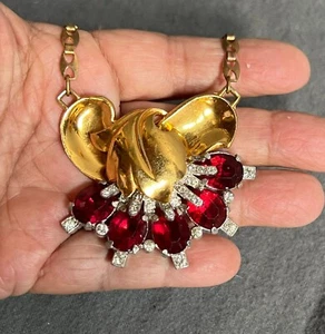 1950's Barclay Statement Chocker Necklace Ruby Color & Clear Rhinestones - Picture 1 of 10