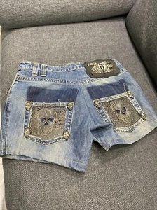 VINTAGE PHILIPP PLEIN WOMENS HANDMADE ROCK & ROLL DENIM SHORTS SKULLS 32 WAIST - Picture 1 of 14