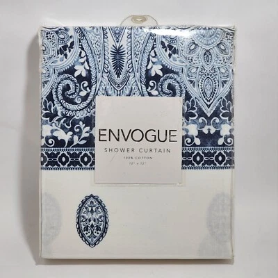 Envogue Cortina de Ducha Azul y Blanco 100% Algodón 72x72 Cachemira Bohemia Foto 1 de 4