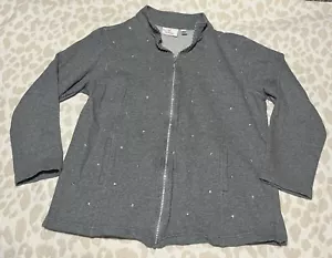 Quacker Factory Knit Jacket Women’s Large Gray Zip Rhinestone Sparkle - Picture 1 of 4