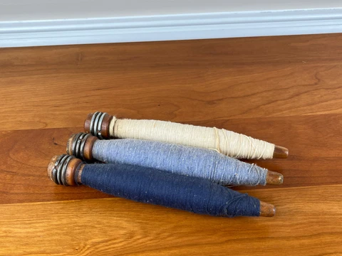 Vintage Set of 3 Wood Thread Spools Industrial Textile Bobbin Spindles w/Yarn Cover