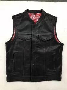 Men's Black Club Style Leather Vest - Red Paisley Lining #6665.01 - Picture 1 of 2