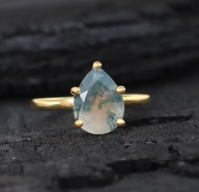 Natural Moss Agate Gemstone Stackable Ring 10k Solid Gold Size Available - Image 1 of 4