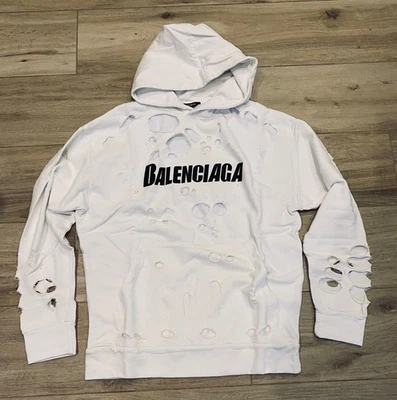 Balenciaga 复古连帽衫白色球衣破损标志印花 L 码 — 第 1/4 张图片