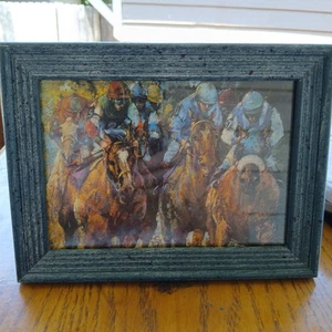 Vintage Wood Picture Frame Stained Semi-Transparent Blue Horses Preakness - Picture 1 of 9