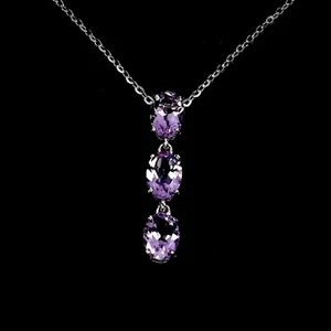 925 Sterling Silver Necklace Oval Amethyst 7x5mm Natural Gemstone Jewelry 18 Ins - Picture 1 of 13