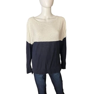 Vince 100% Cotton Navy Grey Colorblock Long Sleeve Lightweight Sweater L - Picture 1 of 6