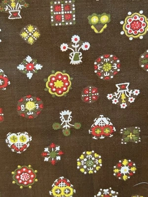 50-60s Vintage Cotton Fabric Brown Yellow Red Green Floral Geometric 3 Yds 36" W - Image 1 of 3
