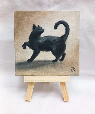 Pintura al óleo ORIGINAL arte moderno impresionismo gato negro 4"x4" Foto 1 de 4
