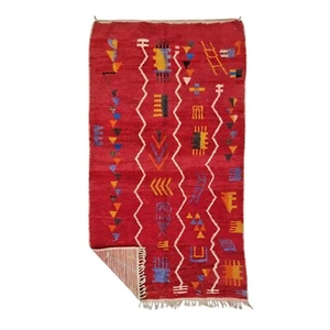 Moroccan Handmade Boujaad Rug 4'4x7'8 Berber Abstract Red Wool Carpet - Picture 1 of 11