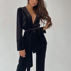Womens Velvet V Neck Long Sleeves Belted Blazer Coats Trousers Party 2Pcs Suits