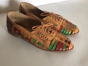 Vintage Colorful Tan Leather Woven Lace up Shoes Brazil Size 8 8B Flats Oxfords - Picture 1 of 6