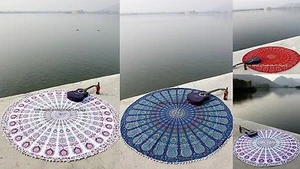 Tappeto coperta arazzo indiano 72" pavone mandala rotondo hippie tappeto spiaggia pom pizzo  - Foto 1 di 14