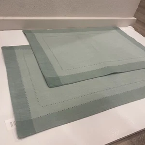 Pier 1 Imports Sage Mint Blue Stitched Border Cotton Placemats Set of 2 India - Picture 1 of 7
