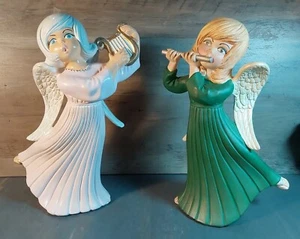 Atlantic Mold Hand Painted 12'' Ceramic Angels Flute Harp 1970 Vintage Signed 2p - Picture 1 of 10
