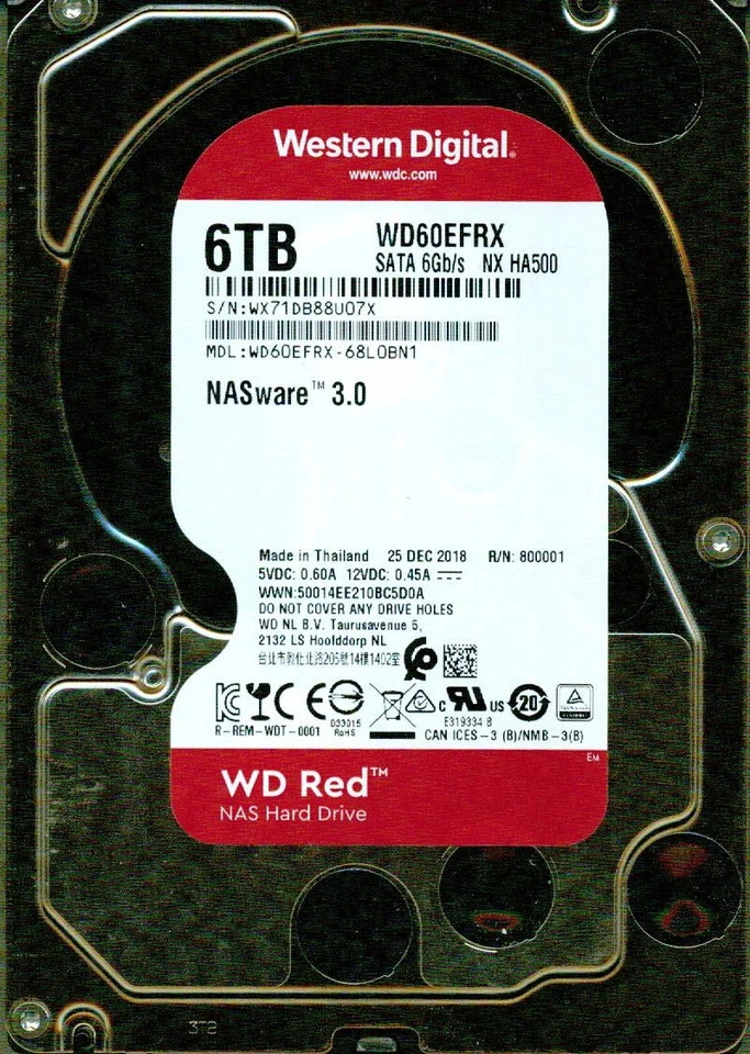 WD60EFRX-68L0BN1,  WESTERN DIGITAL SATA 6TB  DEC 2018  WX71 - Image 1 of 1