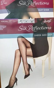 Two Pair Hanes EF Pantyhose Silk Reflections Control Top - Taupe & Black Geo Dot - Picture 1 of 4