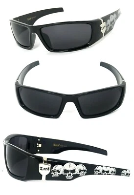 OG Locs Mens Cholo Biker Sunglasses  Shiny Black Frame Smoke Lens Skull Temples - Image 1 of 4