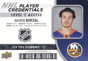 MATHEW BARZAL 2018-19 18-19 UPPER DECK MVP PLAYER CREDENTIALS #NHL-MB ISLANDERS - Bild 1 von 1